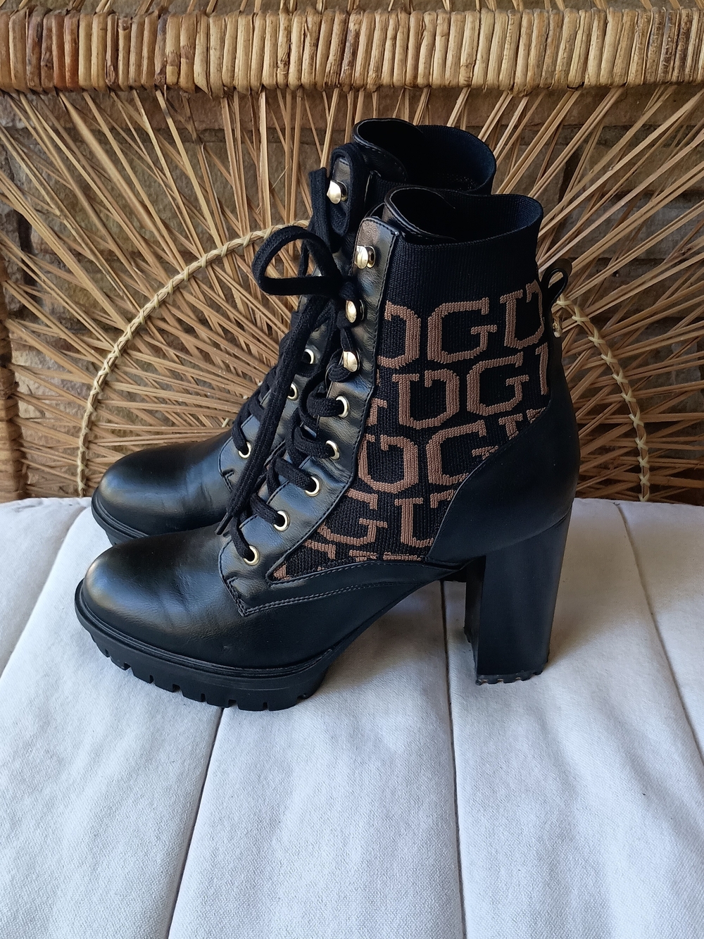 Guess Black Lace-Up Logo Knit High Heel Ankle Boots_10